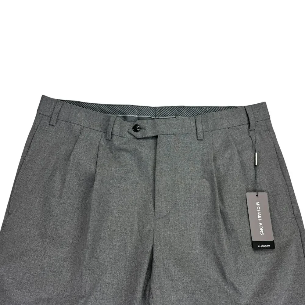 Michael Kors Mens Pleated Cuffed Solid Classic Fit Stretch Pants Gray 35x30
